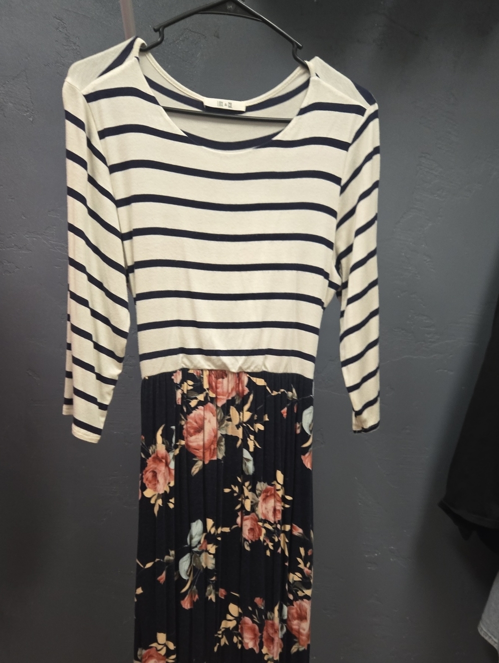 Striped & Floral Navy Maxi Dress - White/Navy